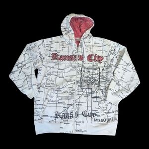 vtg Y2K Beyond The Limit White Kansas City Map Fleece Jacket Hoodie Sz XXL